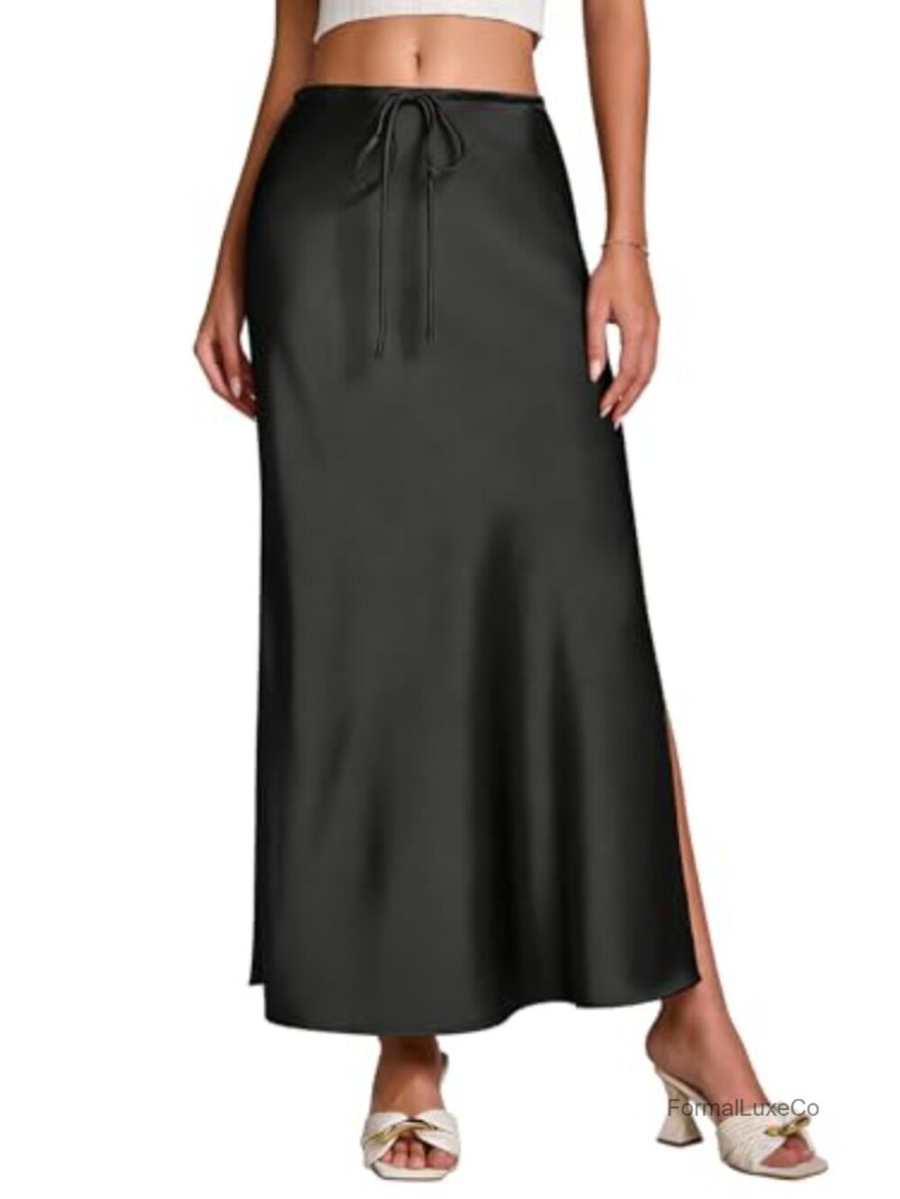 Satin Silk Maxi Skirt Slit Drawstring Flared A-Line Ankle-Length Women's Casual